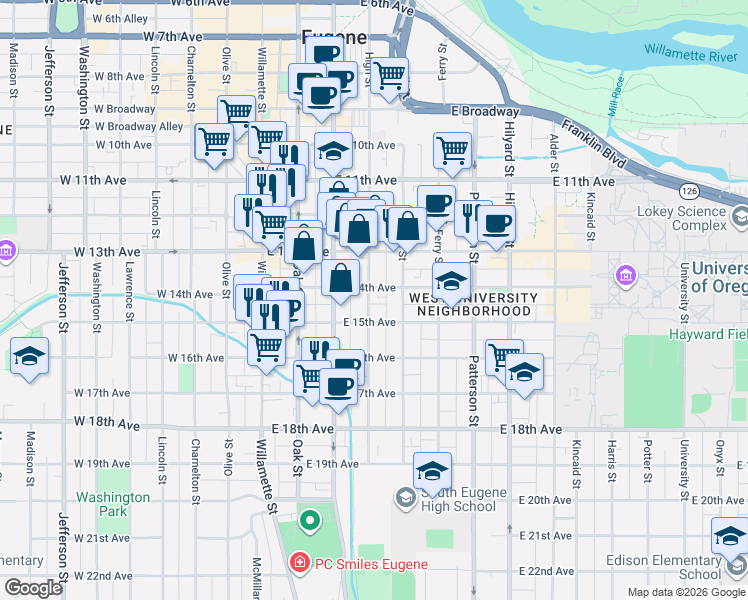 map of restaurants, bars, coffee shops, grocery stores, and more near 1437 High Street in Eugene