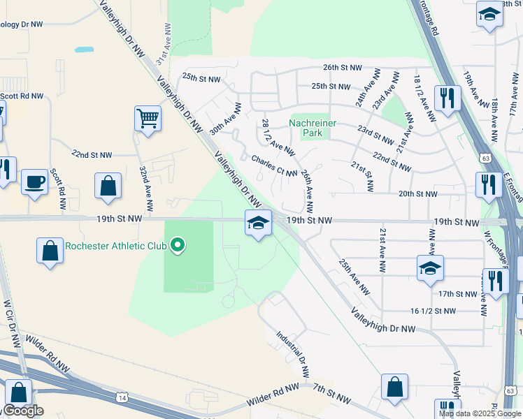 map of restaurants, bars, coffee shops, grocery stores, and more near 1912 Valleyhigh Drive Northwest in Rochester