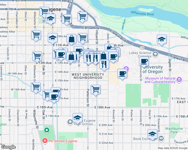 map of restaurants, bars, coffee shops, grocery stores, and more near 1448 Hilyard Street in Eugene