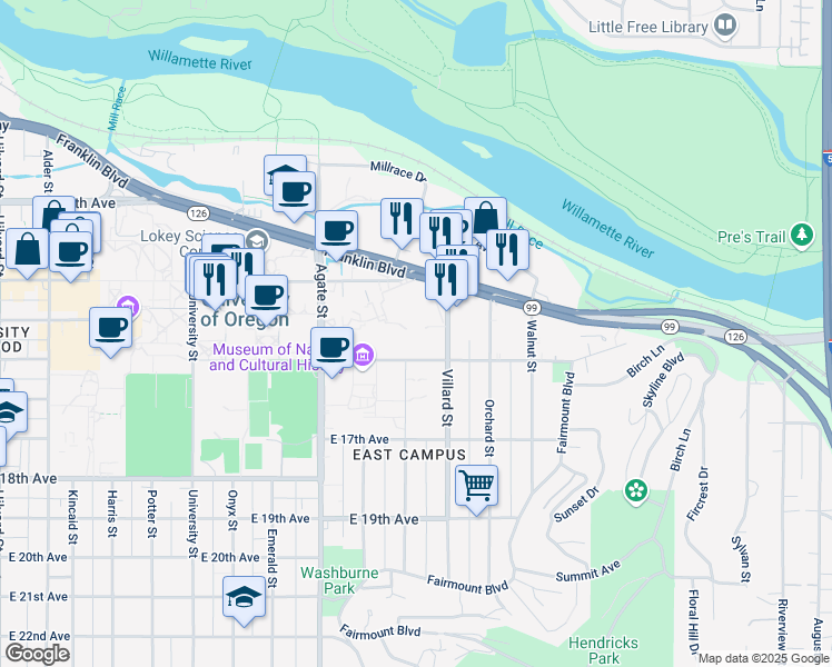 map of restaurants, bars, coffee shops, grocery stores, and more near 1380 Villard Street in Eugene