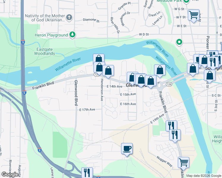 map of restaurants, bars, coffee shops, grocery stores, and more near 1411 Seneca Avenue in Eugene