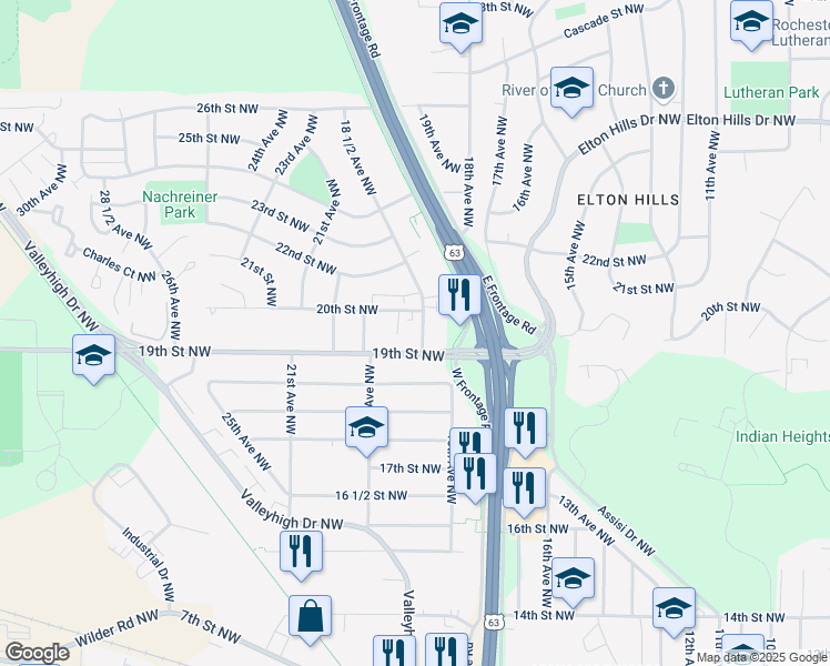 map of restaurants, bars, coffee shops, grocery stores, and more near 1915 18 1/2 Avenue Northwest in Rochester