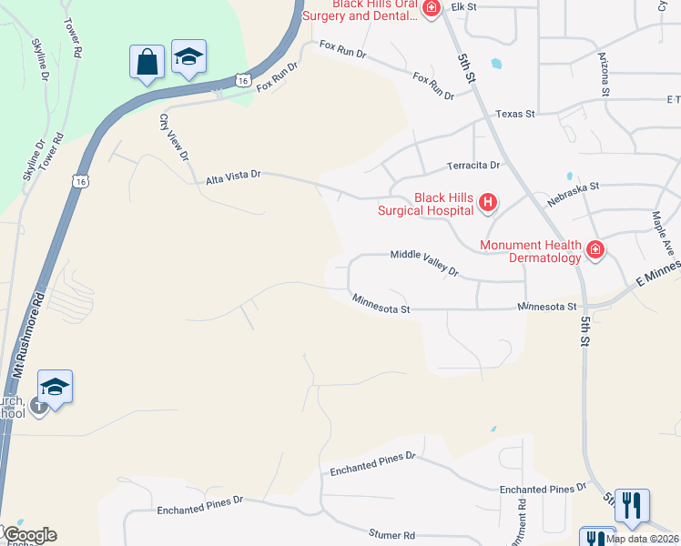 map of restaurants, bars, coffee shops, grocery stores, and more near 680 Middle Valley Drive in Rapid City