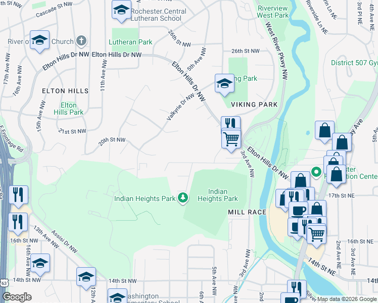 map of restaurants, bars, coffee shops, grocery stores, and more near 607 19th Street Northwest in Rochester