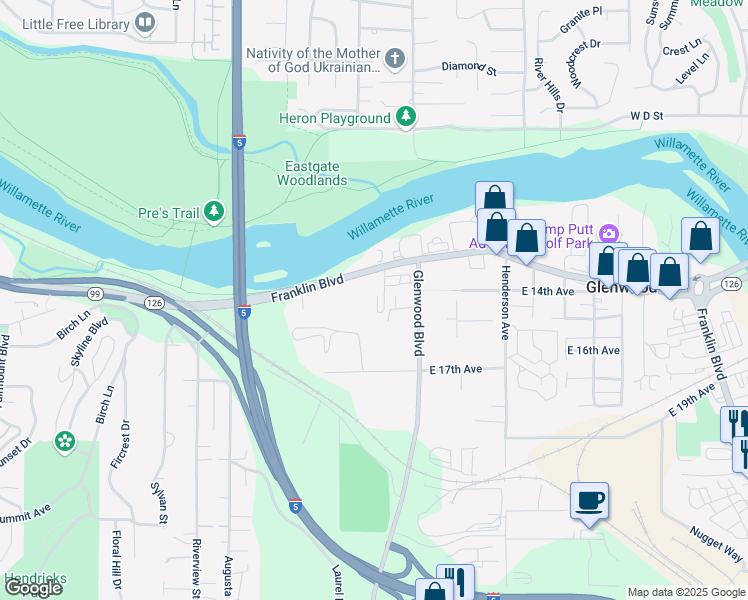 map of restaurants, bars, coffee shops, grocery stores, and more near 3409 Franklin Boulevard in Eugene