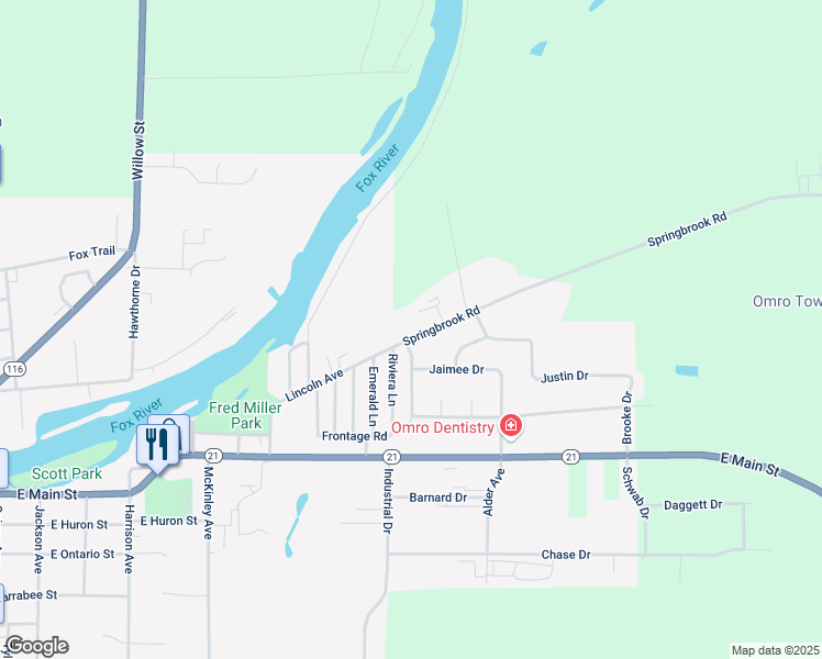 map of restaurants, bars, coffee shops, grocery stores, and more near 1627-1629 Lincoln Avenue in Omro