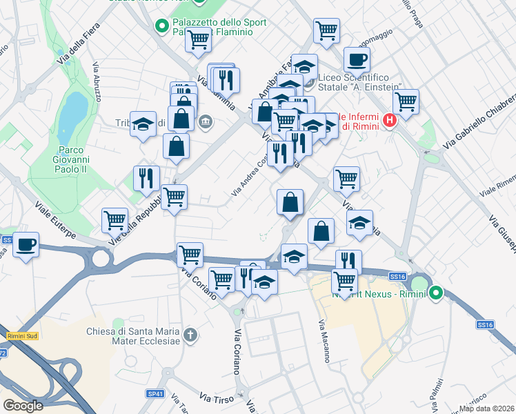 map of restaurants, bars, coffee shops, grocery stores, and more near 2-14 Via Filippo Turati in Rimini