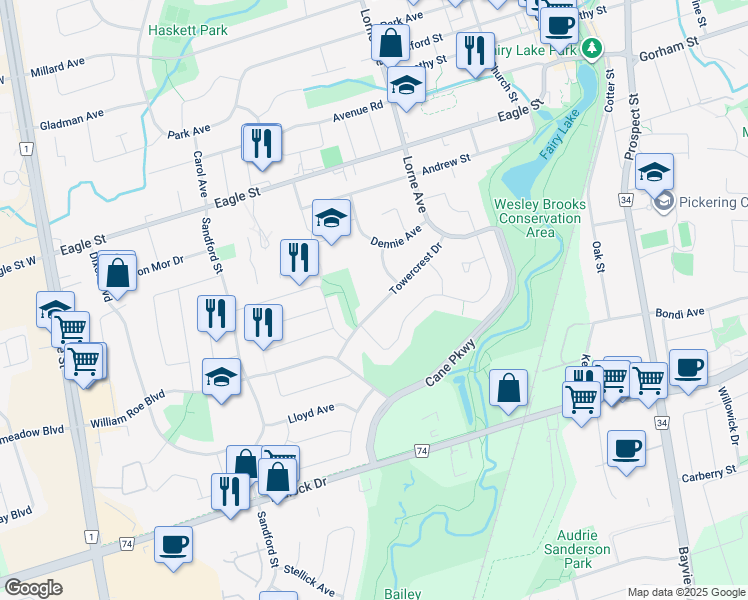 map of restaurants, bars, coffee shops, grocery stores, and more near 297 Towercrest Drive in Newmarket