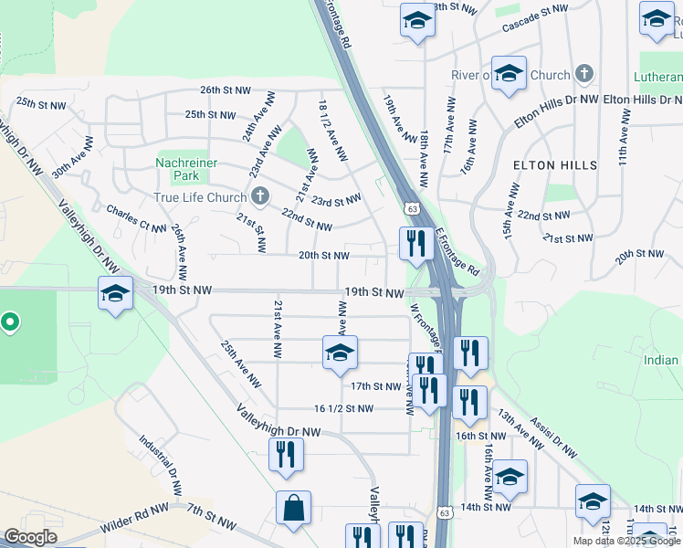 map of restaurants, bars, coffee shops, grocery stores, and more near 1914 19th Avenue Northwest in Rochester