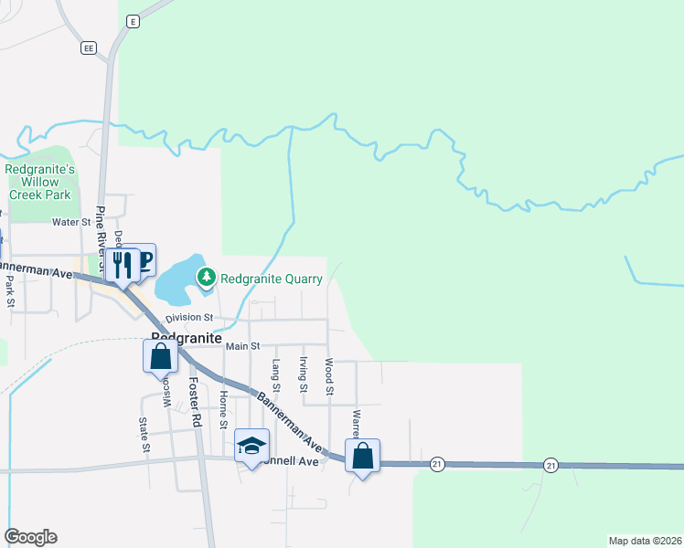 map of restaurants, bars, coffee shops, grocery stores, and more near N1750 Wood Street in Redgranite