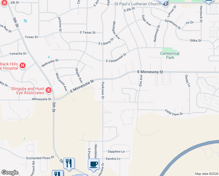 map of restaurants, bars, coffee shops, grocery stores, and more near 4121 Winfield Court in Rapid City