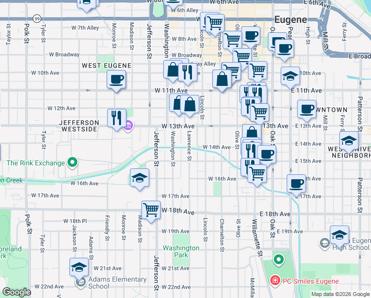 map of restaurants, bars, coffee shops, grocery stores, and more near 1408 Lawrence Street in Eugene