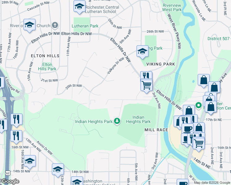 map of restaurants, bars, coffee shops, grocery stores, and more near 805 Woodgate Lane Northwest in Rochester