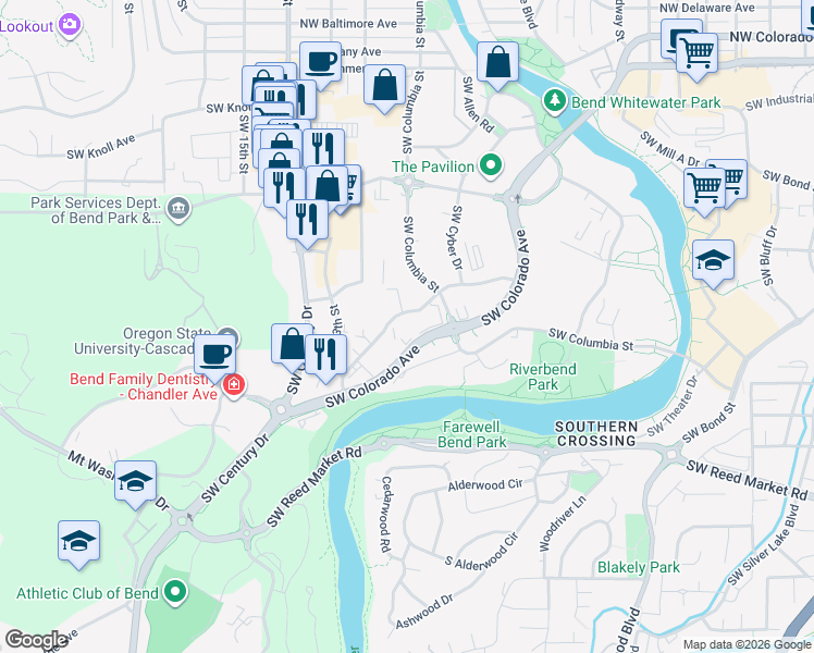 map of restaurants, bars, coffee shops, grocery stores, and more near 1004 Southwest Emkay Drive in Bend