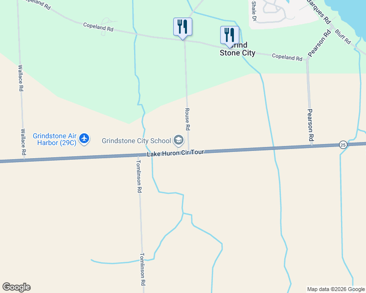 map of restaurants, bars, coffee shops, grocery stores, and more near 3173 Grindstone Road in Port Austin