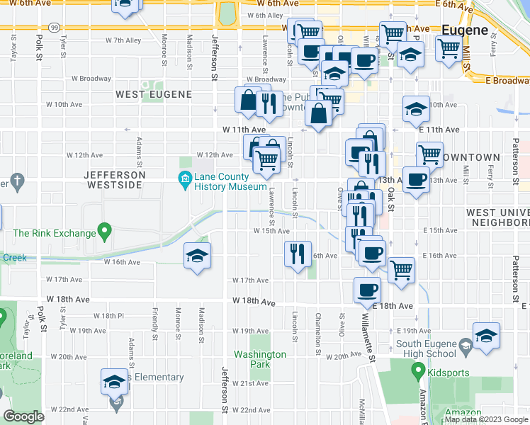 map of restaurants, bars, coffee shops, grocery stores, and more near 1401 Lawrence Alley in Eugene