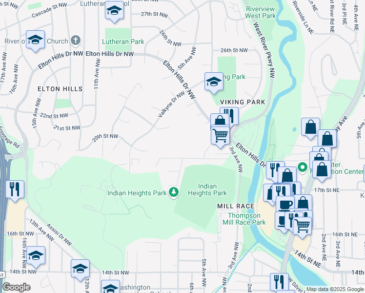 map of restaurants, bars, coffee shops, grocery stores, and more near 607 19th Street Northwest in Rochester