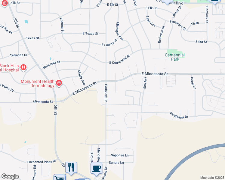map of restaurants, bars, coffee shops, grocery stores, and more near 4121 Winfield Court in Rapid City