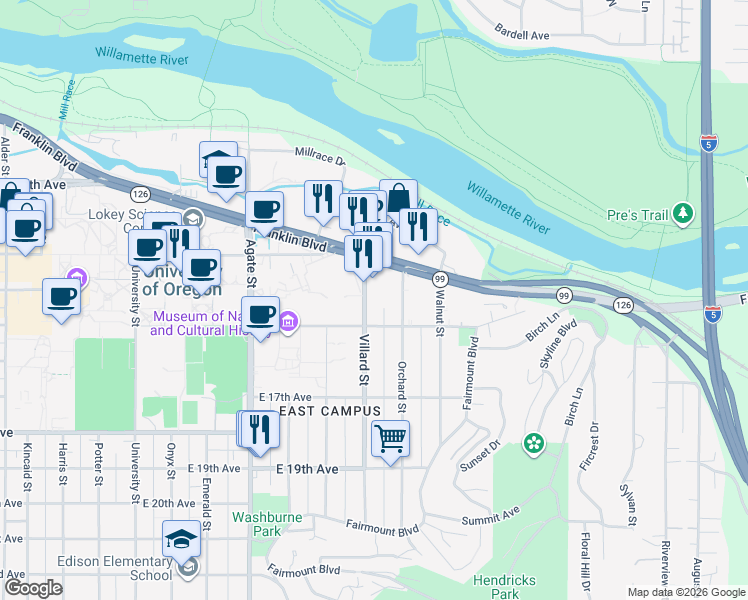map of restaurants, bars, coffee shops, grocery stores, and more near 1401 Villard Street in Eugene