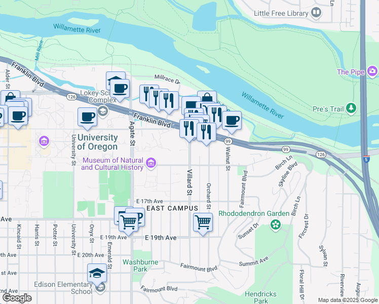 map of restaurants, bars, coffee shops, grocery stores, and more near 1401 Villard Street in Eugene