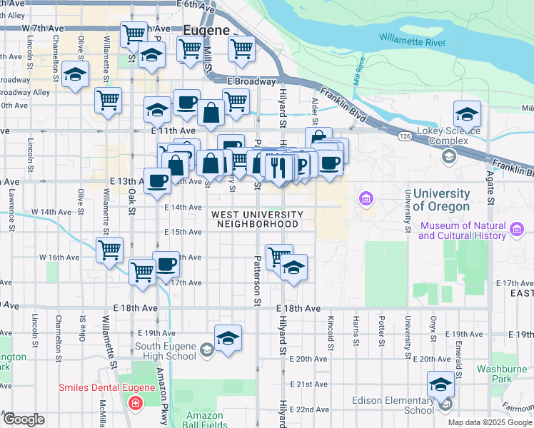 map of restaurants, bars, coffee shops, grocery stores, and more near 663 East 14th Avenue in Eugene