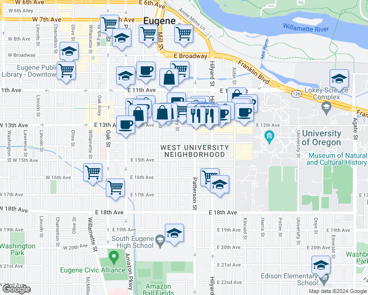 map of restaurants, bars, coffee shops, grocery stores, and more near 585 East 14th Avenue in Eugene