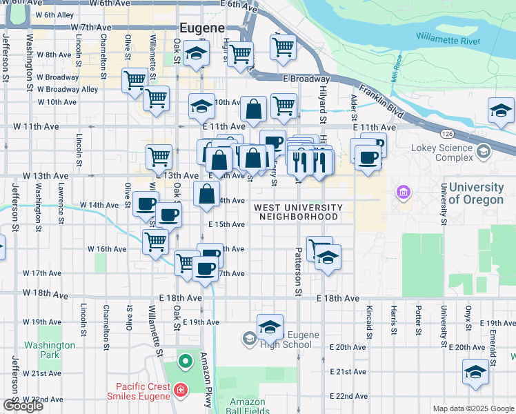 map of restaurants, bars, coffee shops, grocery stores, and more near 1394 Ferry Street in Eugene