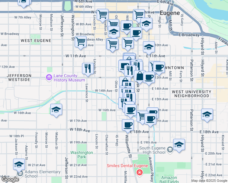 map of restaurants, bars, coffee shops, grocery stores, and more near 1376 Olive Street in Eugene