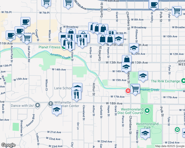 map of restaurants, bars, coffee shops, grocery stores, and more near 1387 Arthur Street in Eugene