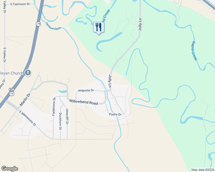 map of restaurants, bars, coffee shops, grocery stores, and more near 3621 Willowbend Rd in Rapid City