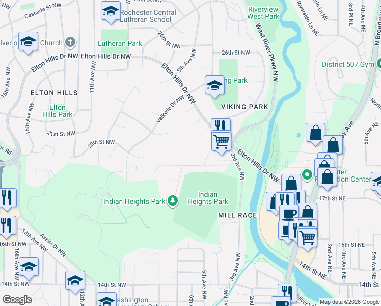 map of restaurants, bars, coffee shops, grocery stores, and more near 1923 Viking Drive Northwest in Rochester