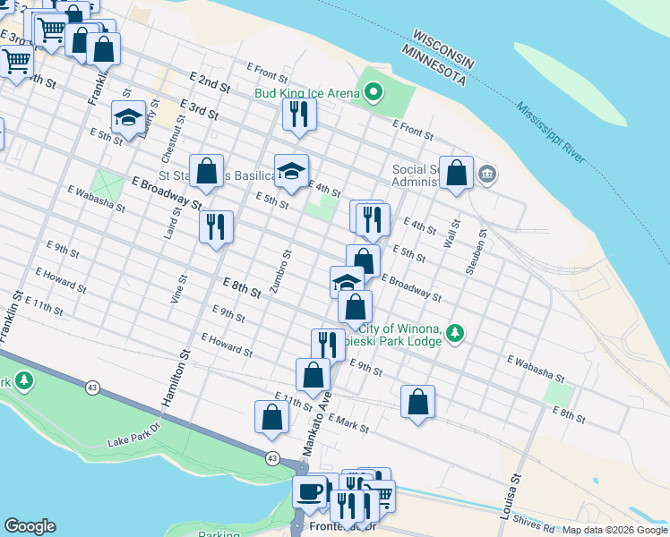 map of restaurants, bars, coffee shops, grocery stores, and more near 722 East Broadway Street in Winona