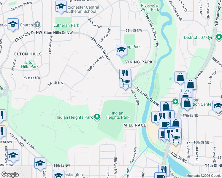 map of restaurants, bars, coffee shops, grocery stores, and more near 1923 Viking Drive Northwest in Rochester