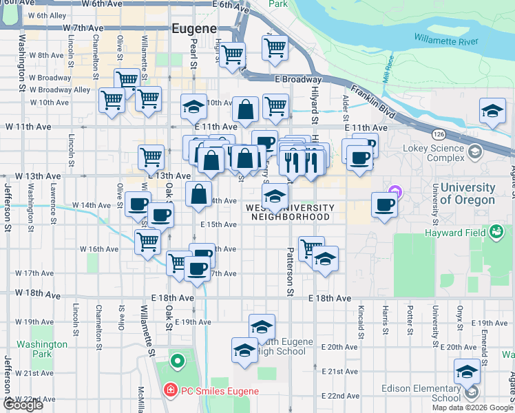 map of restaurants, bars, coffee shops, grocery stores, and more near 460 East 14th Avenue in Eugene