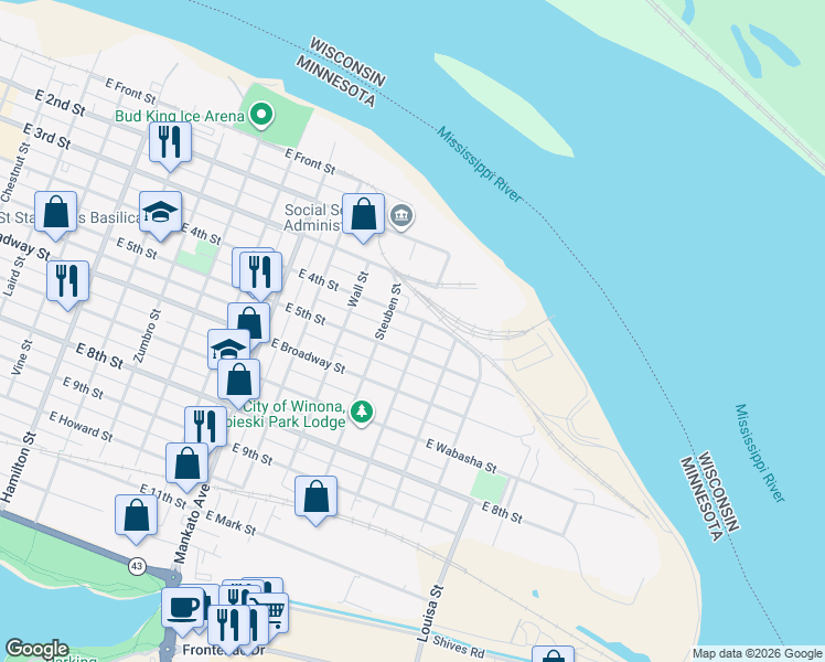 map of restaurants, bars, coffee shops, grocery stores, and more near 971 East 4th Street in Winona