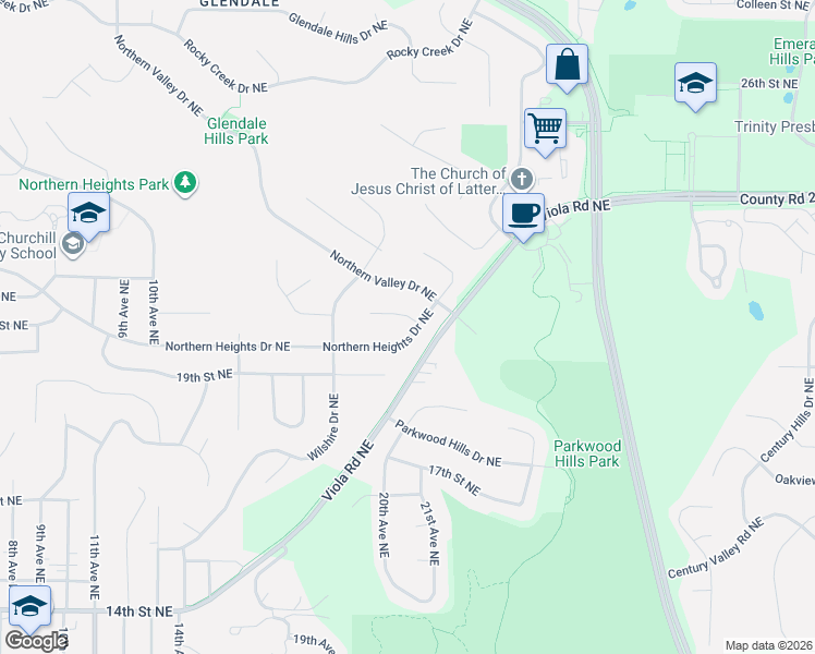 map of restaurants, bars, coffee shops, grocery stores, and more near 1815 Northern Heights Lane Northeast in Rochester