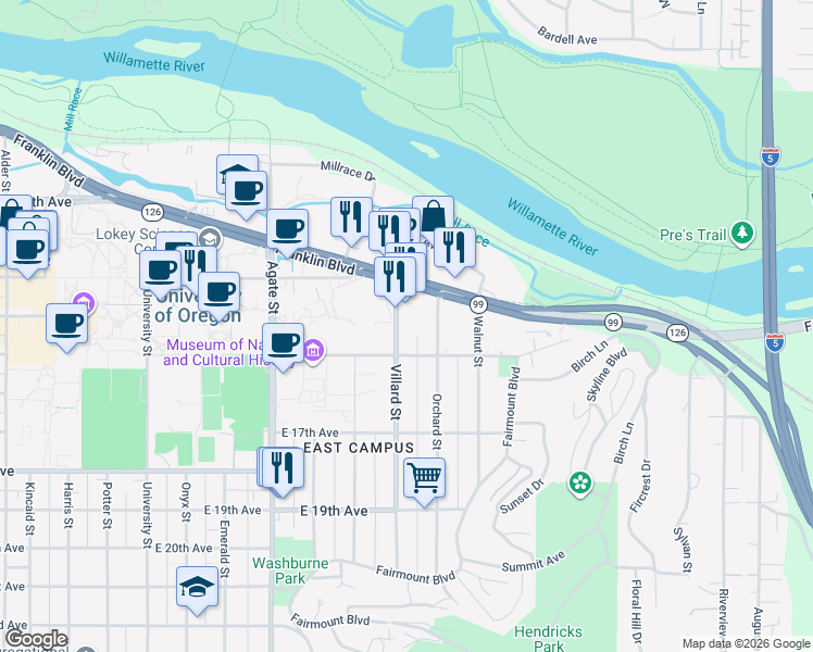 map of restaurants, bars, coffee shops, grocery stores, and more near 1425 Villard Street in Eugene
