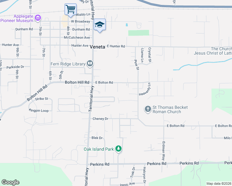 map of restaurants, bars, coffee shops, grocery stores, and more near 25156 East Bolton Road in Veneta
