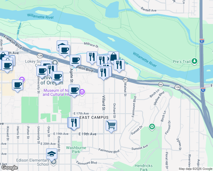 map of restaurants, bars, coffee shops, grocery stores, and more near 1425 Villard Street in Eugene