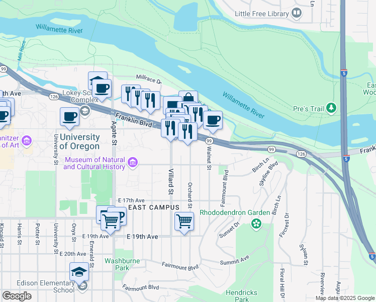 map of restaurants, bars, coffee shops, grocery stores, and more near 1414 Orchard Street in Eugene