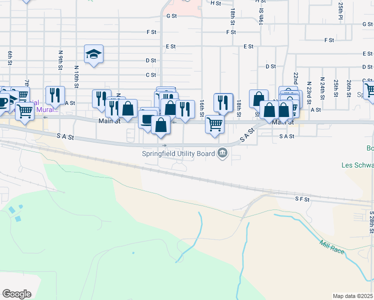 map of restaurants, bars, coffee shops, grocery stores, and more near 1517 South A Street in Springfield