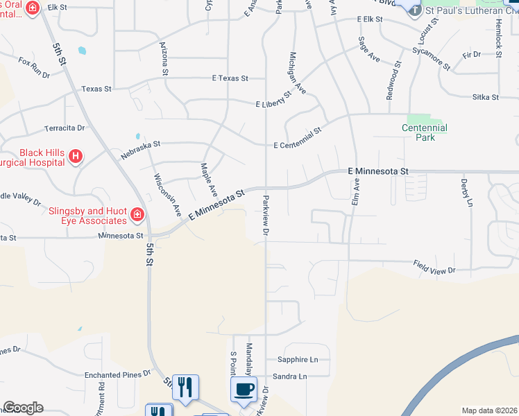 map of restaurants, bars, coffee shops, grocery stores, and more near 4116 Parkview Drive in Rapid City