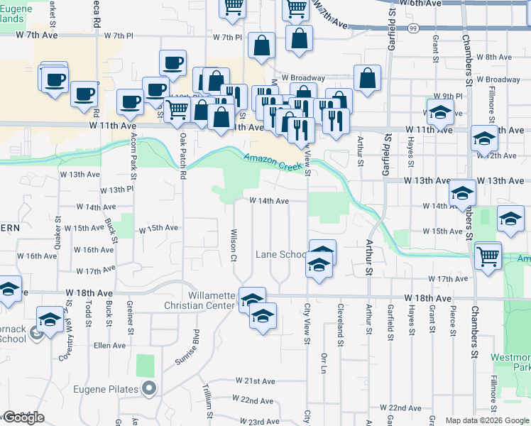 map of restaurants, bars, coffee shops, grocery stores, and more near 2476 West 14th Avenue in Eugene