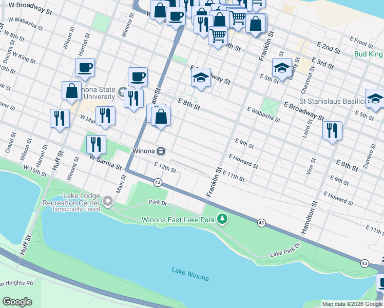 map of restaurants, bars, coffee shops, grocery stores, and more near 127 East Howard Street in Winona