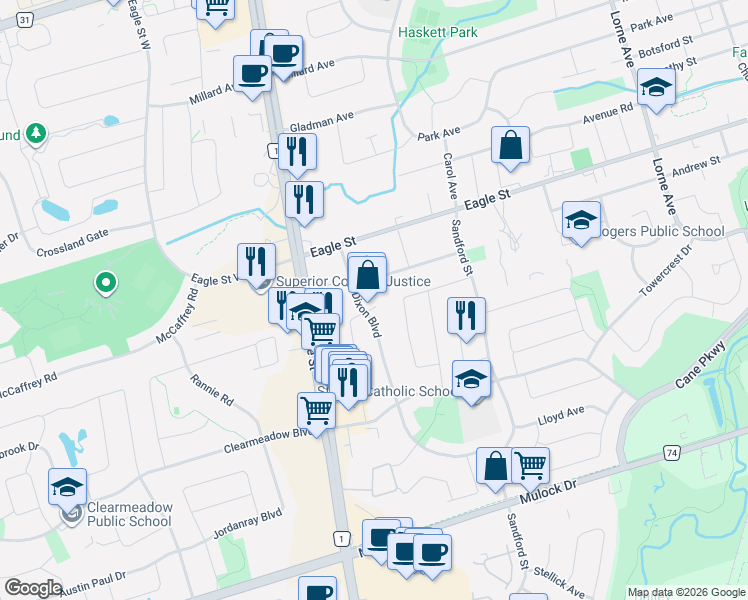 map of restaurants, bars, coffee shops, grocery stores, and more near 341 Webb Court in Newmarket