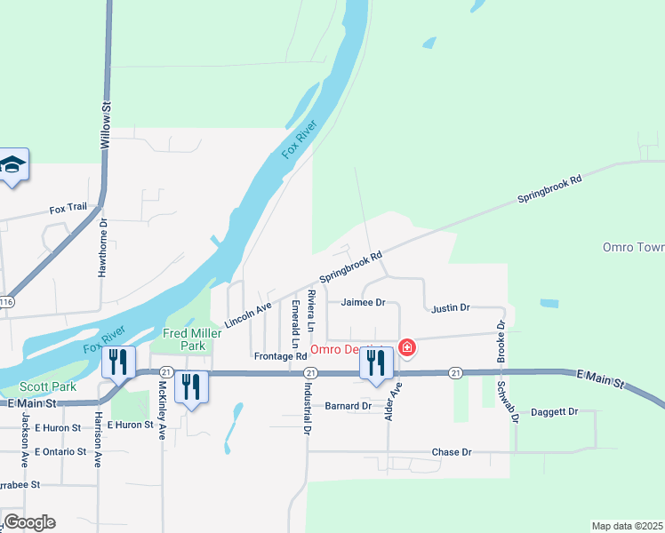 map of restaurants, bars, coffee shops, grocery stores, and more near 1627-1629 Lincoln Avenue in Omro