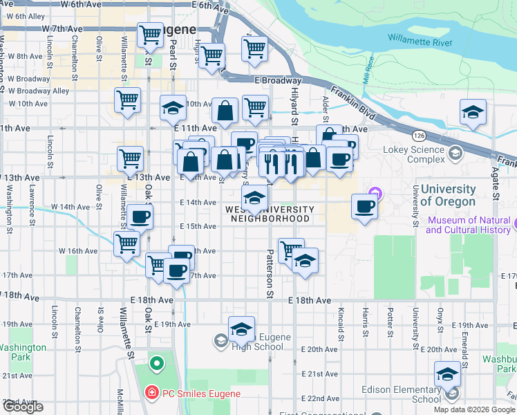 map of restaurants, bars, coffee shops, grocery stores, and more near 550 East 14th Avenue in Eugene