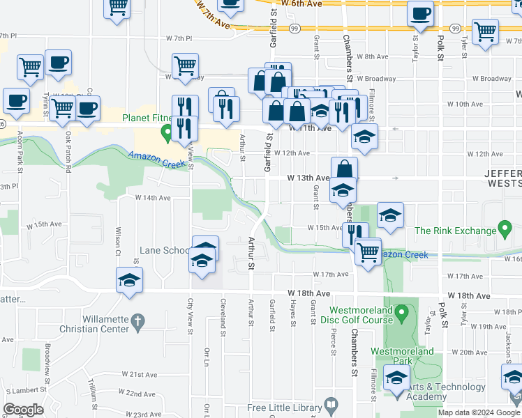 map of restaurants, bars, coffee shops, grocery stores, and more near 2112 West 14th Court in Eugene