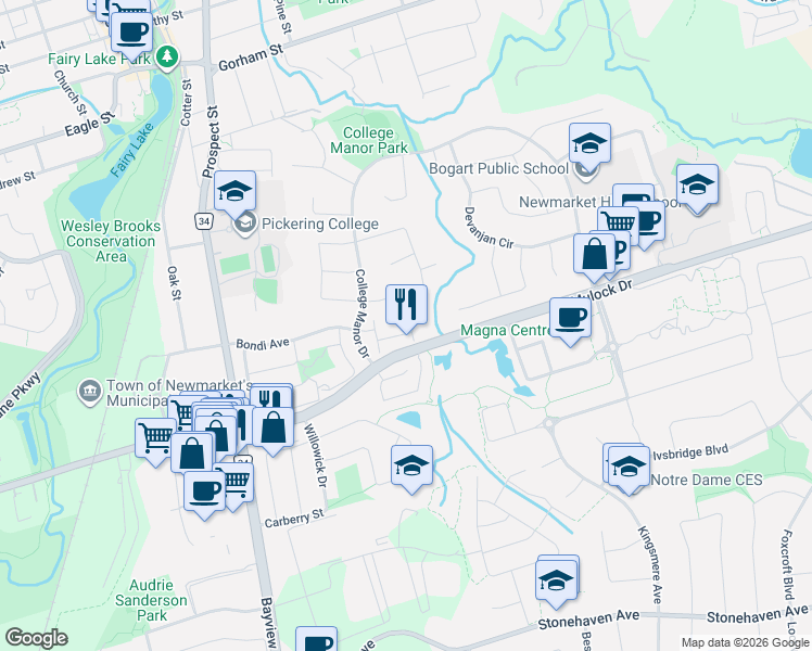 map of restaurants, bars, coffee shops, grocery stores, and more near 658 Lexus Court in Newmarket