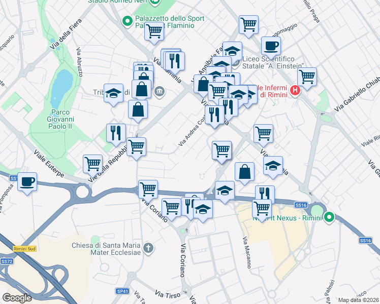 map of restaurants, bars, coffee shops, grocery stores, and more near 14 Via Filippo Turati in Rimini